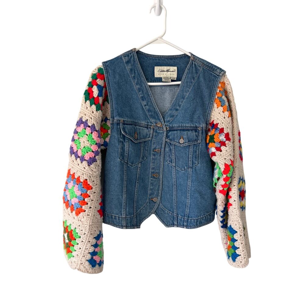 Eddie Bauer Denim Granny Square Crochet Blanket Sleeves Coat Large